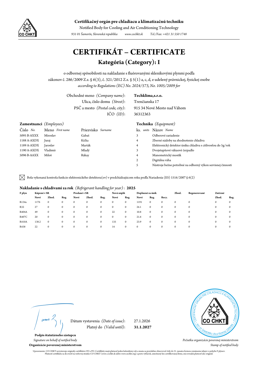 Certifikát CO CHKT o odbornej spôsobilosti – platný do 31. 1. 2027
