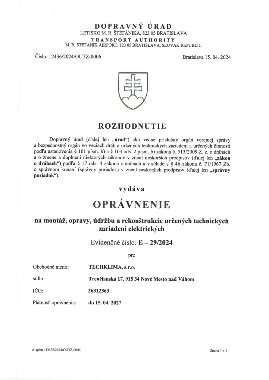 Oprávnenie Dopravného úradu E-29/2024 – prvá strana